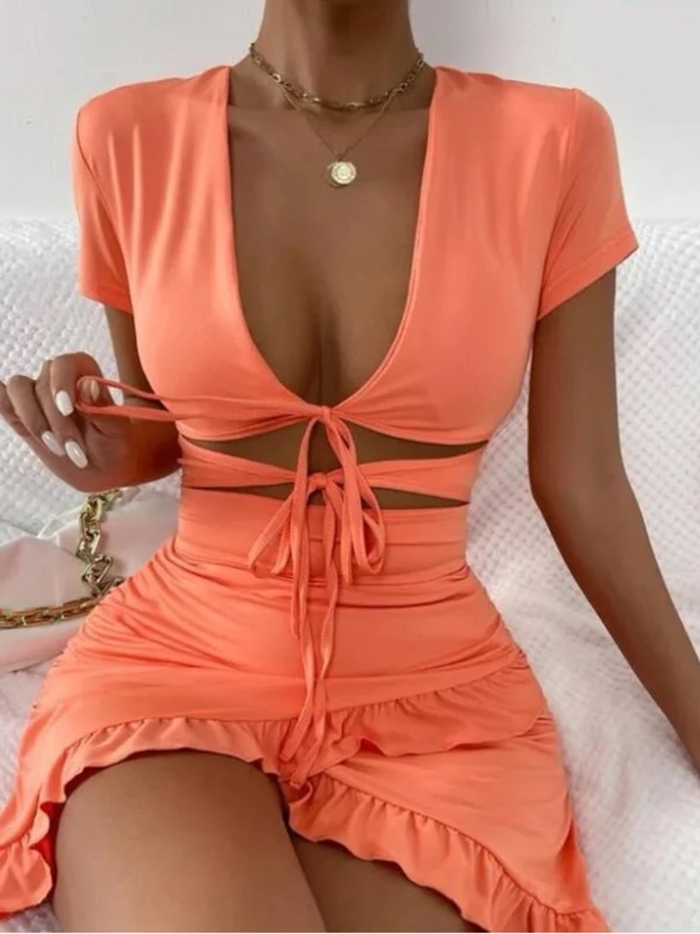 SHEIN Orange Cutout Tie Front Mini Dress